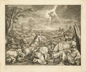 Cornelis de Visscher, 
		Dutch 1629-1658- 
		The Annunciation to the Shepherds, after Jacopo Bassano;
		etching, first state before lettering, 31.6x38.2cm: 
