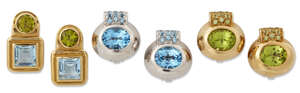 
	
		Three pairs of 18ct gold, gem-set earrings, comprising; a pair of peridot single stone...