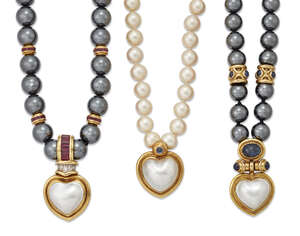 
	
		Two hematite and mabe cultured pearl necklaces, one ruby and diamond set, and a cultured...