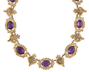 
	
		An early Victorian gilt-mounted purple paste necklace, composed of a a series of oval...