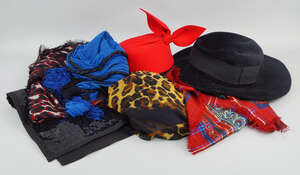 
	
		A miscellaneous collection of hats, scarves, gloves and belts together with various silk...