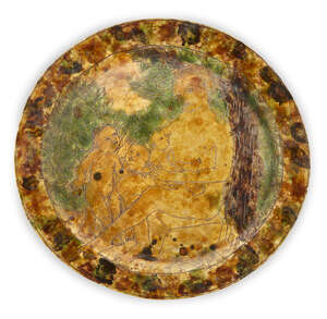 
	
		Philip Eglin (b.1959), 
		 
		Large slipware pottery charger with sgraffito design of...
