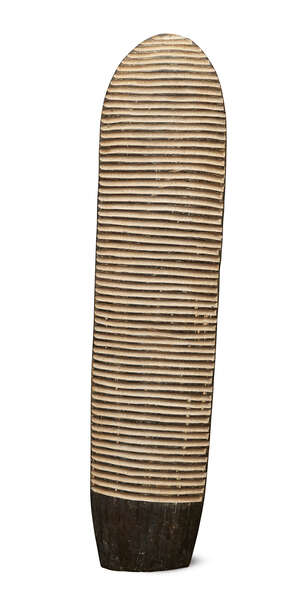 
	
		An Aboriginal shield, of long rectangular form with rounded ends, the body decorated with...