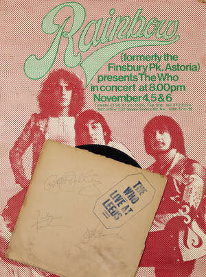
	
		The Who, Live at Leeds, an album cover signed by Roger Daltrey, Peter Townshend and John...