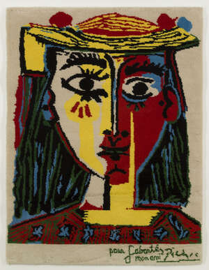 
	
		After Pablo Picasso,
		Spanish 1881-1973-
		 
		Femme au chapeau a pompons et au...
