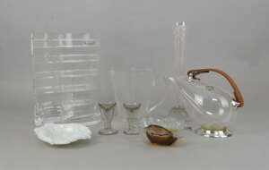 
	
		A pair of early Victorian press moulded penny lick glasses, together with a Victorian...