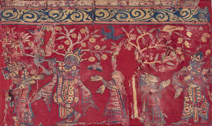 
	
		A silk lampas fragment depicting Krishna playing the flute, India, Assam, late 18th-early...