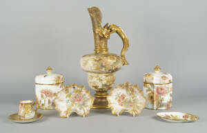 
	
		A Group of Doulton wares comprising: a Doulton Burslem Spanish Ware jug with dragon...