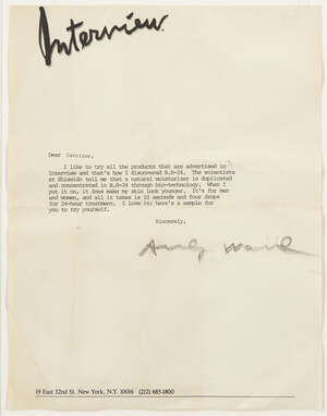 
	
		Andy Warhol,
		American 1928-1987-
		 
		Typed Letter, 1979;
		 
		typewritten letter on...