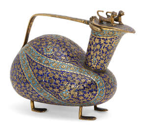 
	
		An enamelled zoomorphic covered jug, Kashmir, 19th century, vaguely bird-shaped, on four...