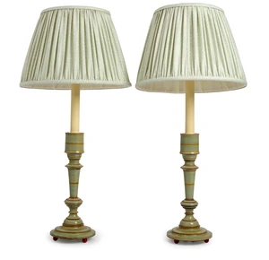 A pair of modern polychrome decorated wood table lamps, the pale-blue ground with linear design, on ball feet, each with pleated fabric shade by Robert Kime Lt