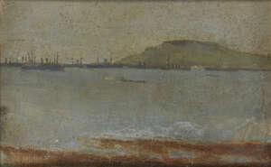 
	
		British School, 
		early 20th century-
		Battleships moored in a harbour;
		oil on...