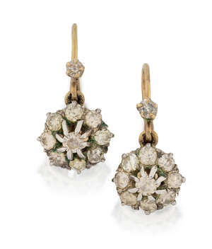 
	
		A pair of diamond cluster drop earrings, designed with single stone surmounts and set...