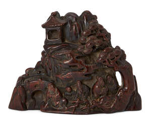 
	
		A Chinese hardwood carving, 19th century, depicting scholars and attendant seating below...