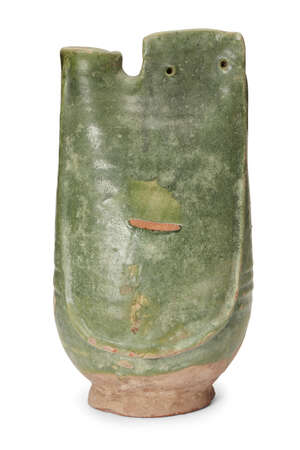 
	
		A Chinese pottery green-glazed flask, Liao dynasty, with single lug handle pierced with...