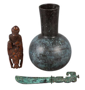 
	
		A Chinese bronze baluster vase, 20th century, a decorative knife and a bamboo carving of...