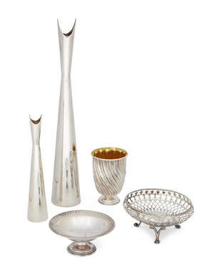 
	
		Two silver plated vases, by Christofle, of tall, tapering form with pointed collars, 21cm...