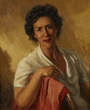 
	
		Frederick Stratton, 
		British 1870-1960-
		 
		Portrait of a lady, seated half-length...
