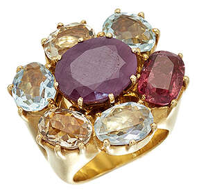 
	
		A multi-gem ring, by H. Stern, of floral design, with oval ruby centre to a...