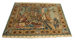 
	
		A Persian pictorial carpet, last quarter 20th century, the centre depicting an interior...