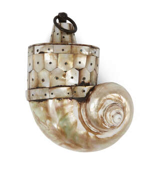 
	
		A mother-of-pearl powder flask, Gujarat, Western India, 18th/19th century, formed from a...
