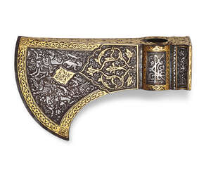 
	
		An important Safavid damascened steel axe head 'tabar' , Iran, signed 'Ali Muhammed Reza,...