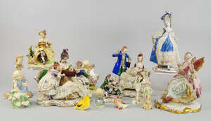 Four Continental porcelain figure groups, variously Italian and German, 20th century,  two of single ladies dressed in the 18th century manner, one seated admi