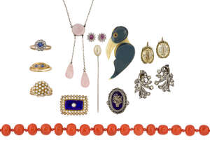 A group of jewellery and costume jewellery, comprising: four rings, a circular-cut sapphire and old-cut diamond cluster, a cultured pearl bombé cluster, a lat