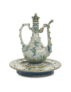 
	
		A faience lidded ewer and basin, Edmond Lachenal (1855-1930), France circa 1880, the ewer...