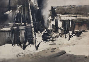 
	
		Paresh Maity, b. 1965, Untitled composition, gouache on paper. signed and dated '91...
