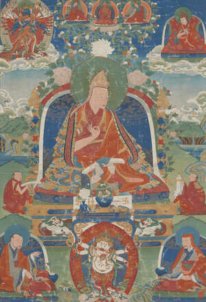 
	
		A Tibetan thangka depicting an incarnation of a Dalai Lama, 19th century, wearing a...