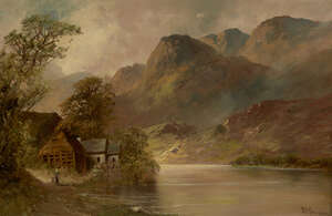 
	
		Francis E Jamieson, 
		British 1895-1950- 
		 
		Figure by cottages on the shores of a...