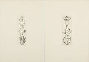 
	
		Denis Masi,
		British b.1942-
		 
		Monuments to Collapse, 1984;
		 
		two drypoint...