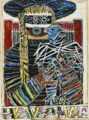 Moshe Tamir, Russian/Israeli 1924-2004 - Woman holding a bird; oil on canvas, signed upper right 'M Tamir', 101.5 x 75.5 cm