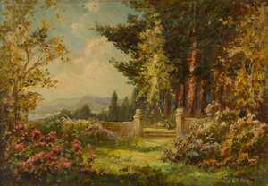 Tom Moyston, 
British, late 19th / early 20th century- 
A garden in bloom; 
oil on canvas,...