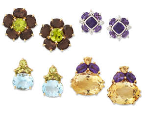 
	
		Fours pairs of gem-set earrings, one pair of 18ct gold mounted cluster design earstuds...
