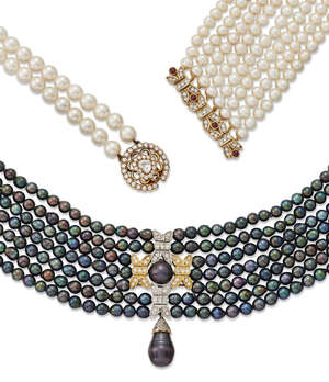 
	
		Three diamond and gem-set cultured pearl necklaces, Comprising: a collar composed of...