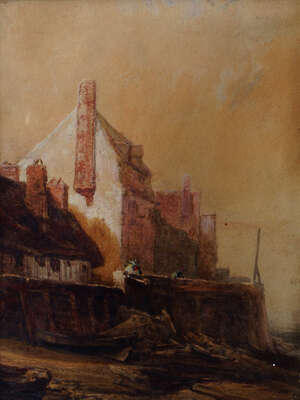 
	
		Circle of Peter de Wint OWS, British 1784-1849- Cottages overlooking the harbour dock;...