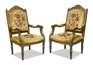 
	
		A pair of Louis XVI style giltwood chairs, early/mid 20th century, the arched rectangular...