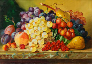 
	
		Robert Dumont-Smith FRSA, British 1908-1994- Still life of Fruit and Grapes; oil on...