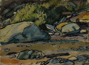Helen Steinthal,
		British 1911-1991-
		 
		Rocky landscape;
		 
		ink and watercolour, signed with initials, 24x33.5cm (ARR)