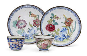 
	
		Four pieces of Chinese Canton painted enamel, 18th and 19th century, comprising pair of...