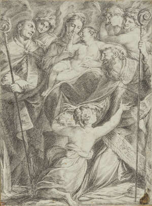 
	
		Carlo Michelangelo Prayer, 
		Italian 1789-1832- 
		 
		Madonna and child enthroned...