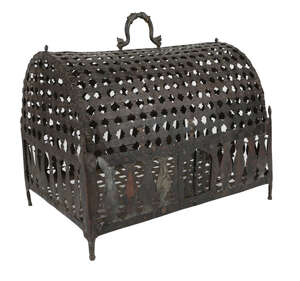 
	
		A Mughal openwork brass bird cage, India, 19th century, of casket form with domed lid, on...