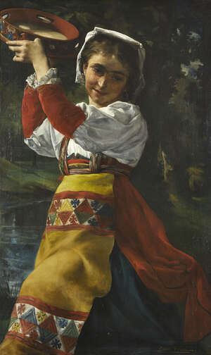 
	
		Louis Priou, 
		 
		French 1845-1917- 
		 
		Girl dancing with a tambourine; 
		 
		