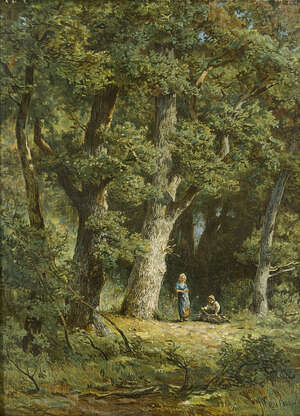 
	
		After Jan Willem Van Borselen, 
		Dutch 1825-1892- 
		 
		Gatherers in the Forest;...