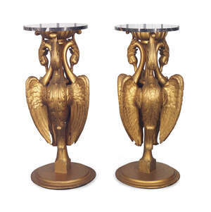 
	
		A pair of gilt wood side tables, second half 20th century, with circular black variegated...