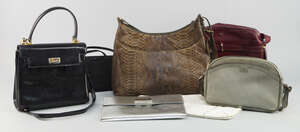 
	
		A collection of handbags, to include a Beltrami snake skin bag and Todds black patent...