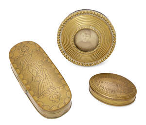 
	
		A Dutch brass tobacco box, 18th century, the hinged cover engraved with a female figure,...