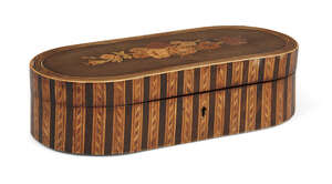 
	
		A satinwood floral inlaid and banded box, 19th century, the top with large inlaid section...